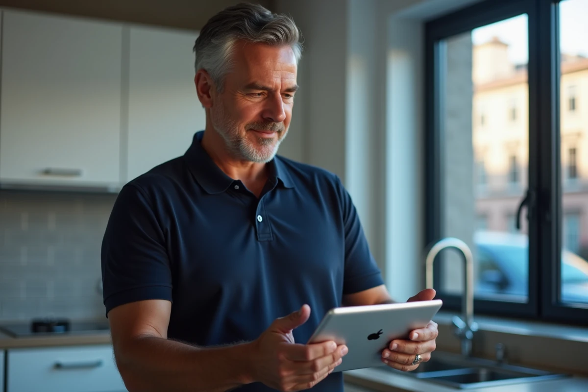 Homme consultant sa messagerie académique AC Strasbourg sur une tablette dans la cuisine