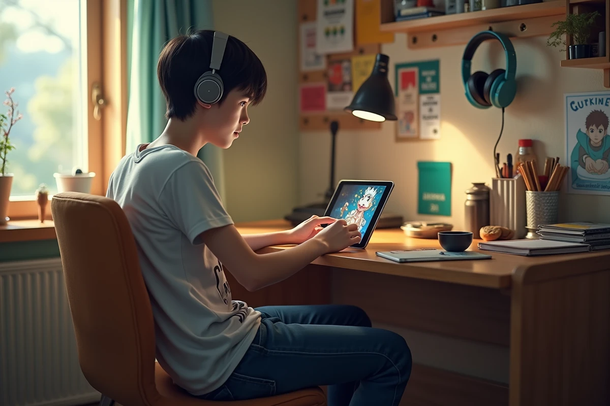 Adolescent regardant anime sur une tablette dans sa chambre