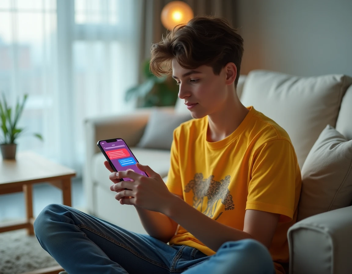 Adolescent assis sur un canapé analysant les bulles de messages colorées sur son téléphone sur une application de messagerie sociale