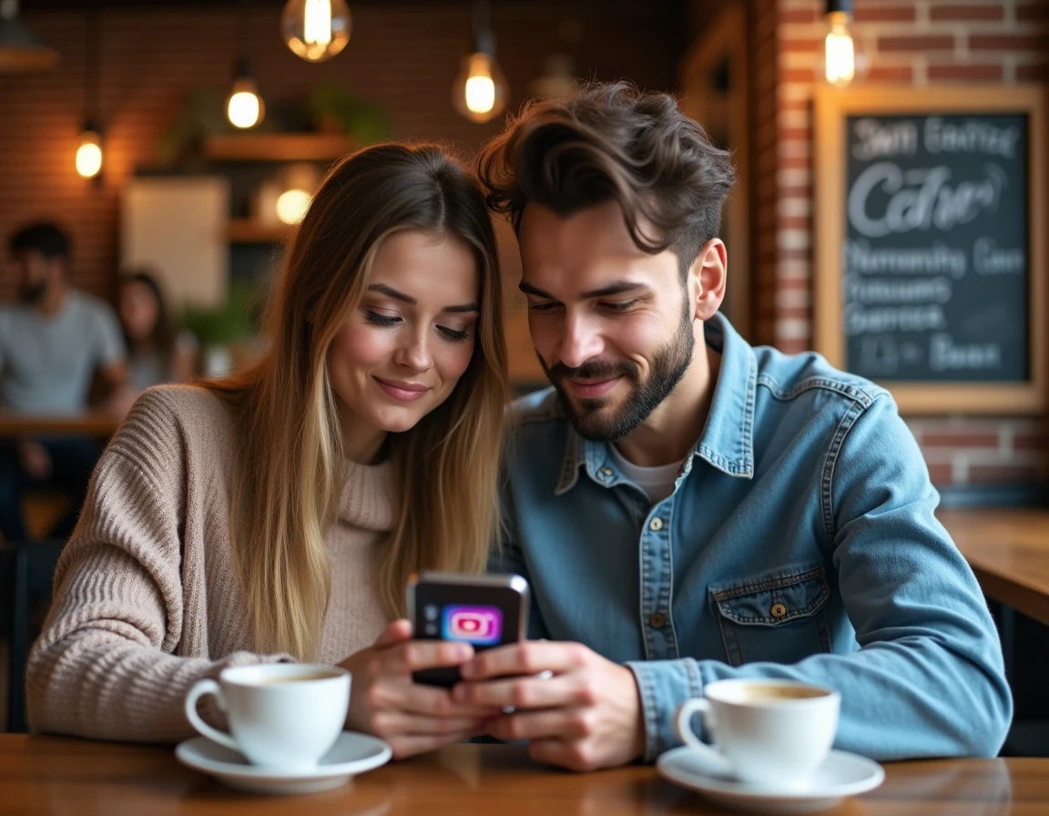 Deux amis dans un café discutant de la signification des différentes couleurs des notifications sur une application de réseaux sociaux