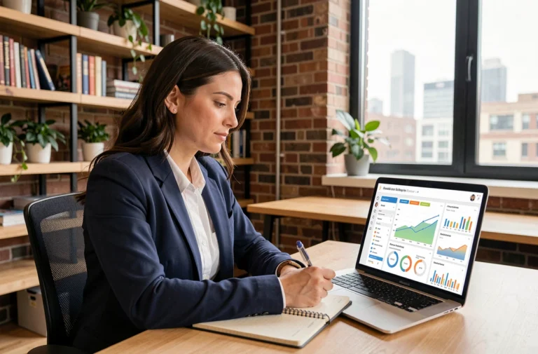 Femme professionnelle analysant des statistiques de présence en ligne sur un ordinateur portable dans un bureau moderne
