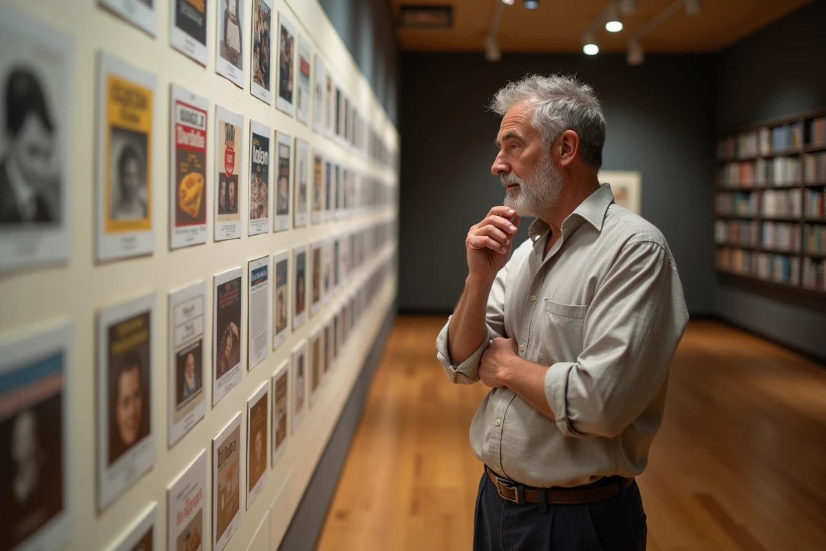 Homme examinant un mur d'archives de couvertures de revues culturelles européennes dans une bibliothèque de presse institutionnelle