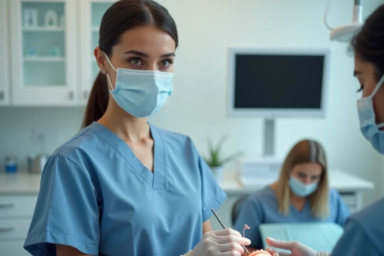 Jeune assistante dentaire en scrubs dans une clinique moderne