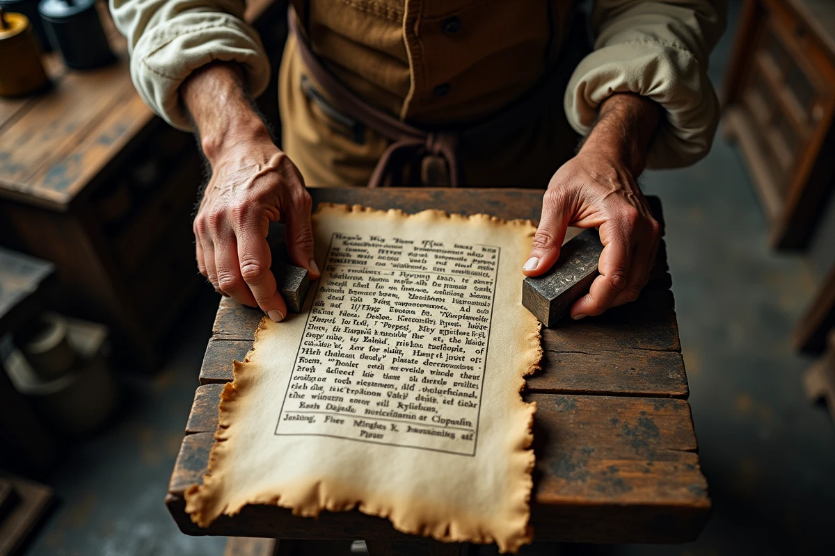 Mains d'artisan imprimant une affiche ancienne avec un bloc de bois gravé dans un atelier d'imprimerie du XVIIIe siècle