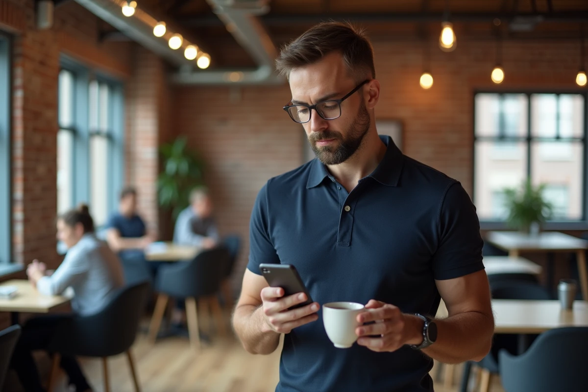 Auto-entrepreneur consultant son smartphone dans un espace de co-working urbain, tenant un café lors d'une pause professionnelle