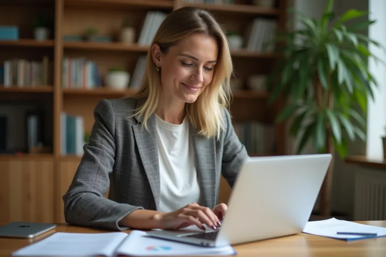 Auto-entrepreneuse travaillant sur son ordinateur portable dans un bureau à domicile moderne, entourée de documents administratifs