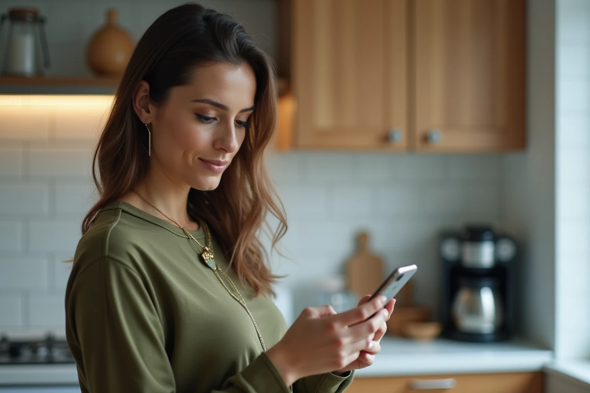 Femme gérant son budget personnel sur l'application Bankin' dans sa cuisine, avec des catégories de dépenses et des récompenses affichées sur son smartphone