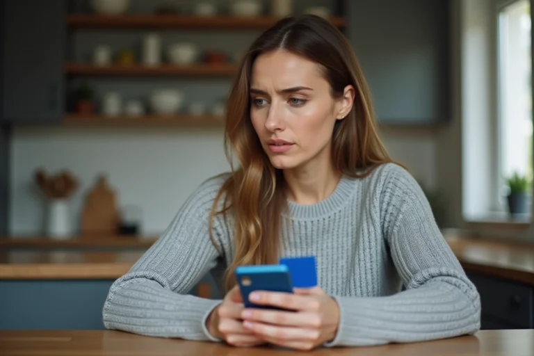 Femme bloquant temporairement sa carte bancaire depuis une application mobile sur smartphone à la maison