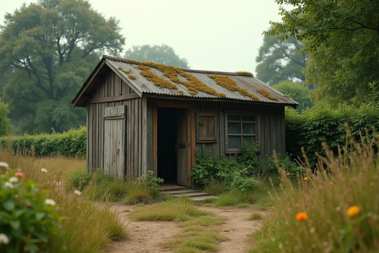 Cabanon en bois sur terrain non constructible en zone rurale, entouré de végétation sauvage et de haies naturelles