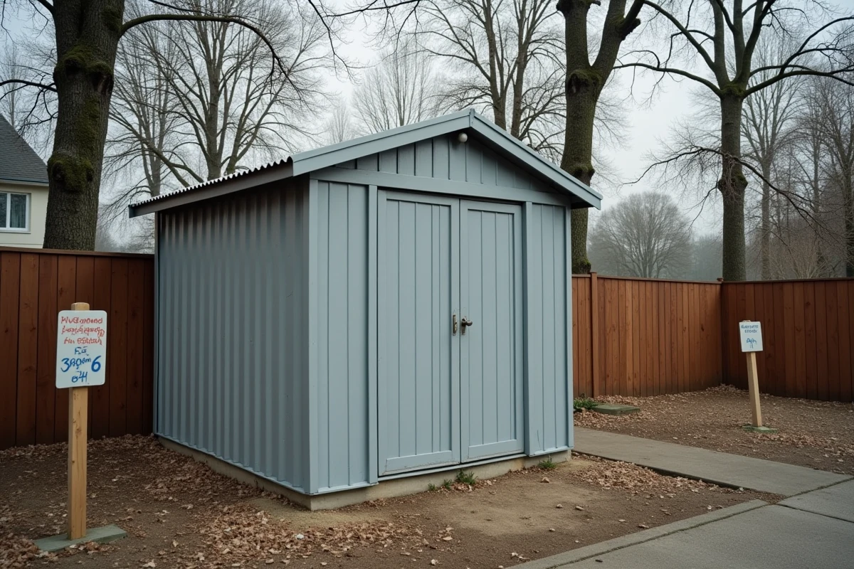 Cobertizo prefabricado metálico en terreno no constructible en periferia urbana con delimitación de parcela visible