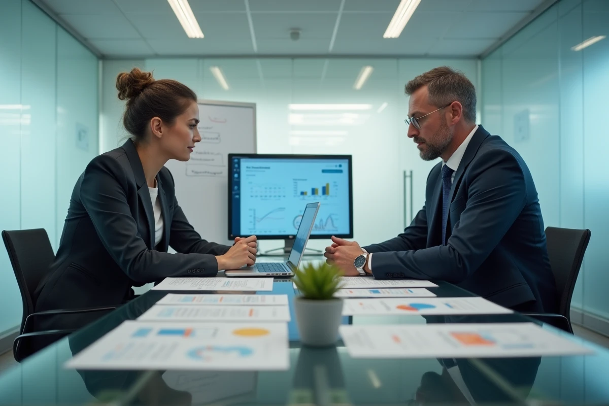 Deux professionnels en costume collaborant sur des rapports financiers et une plateforme web finance autour d'une table en verre en salle de réunion
