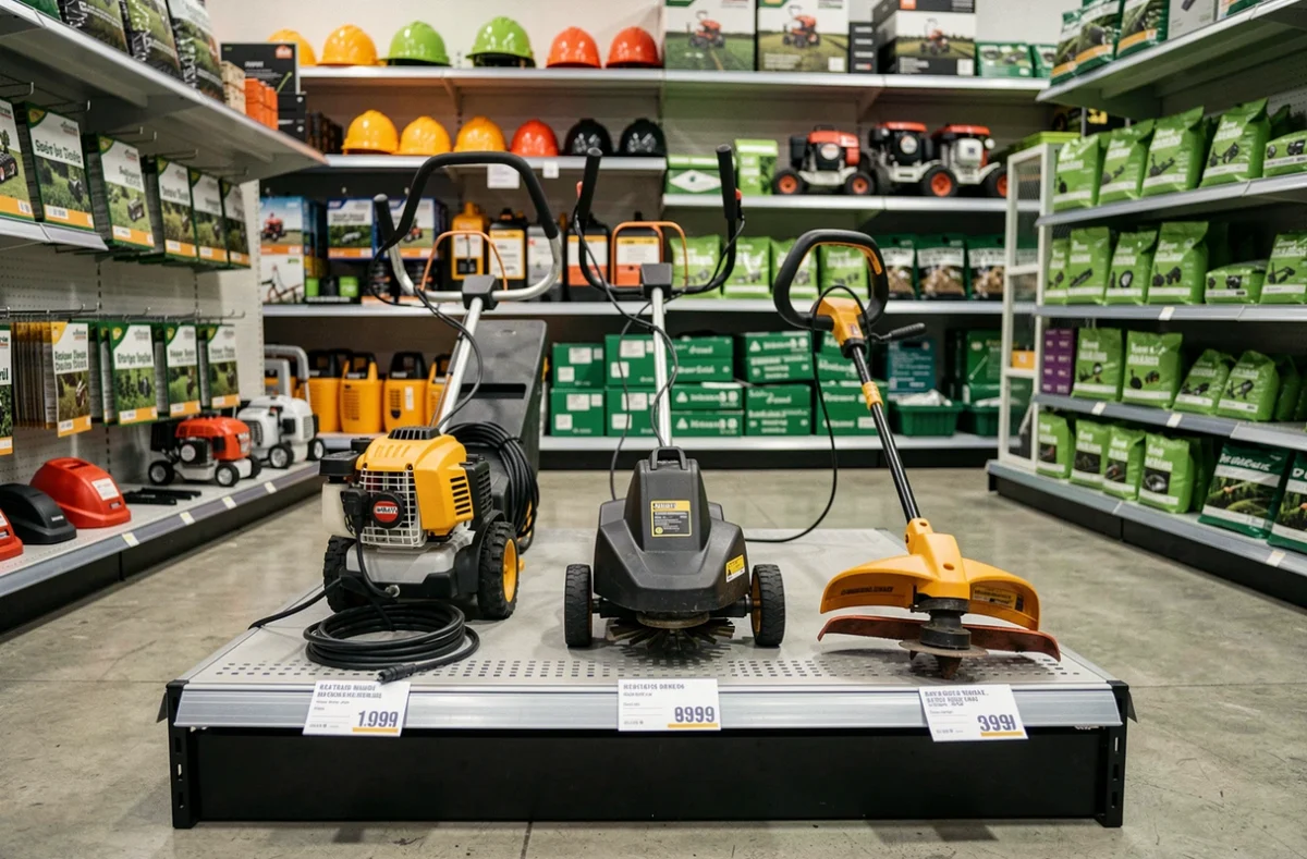 Comparaison de trois modèles de débroussailleuses en magasin de jardinage spécialisé