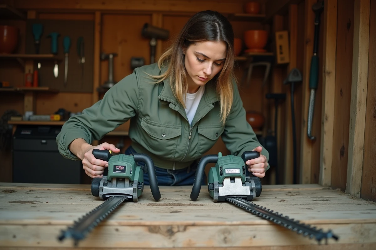 Femme comparant deux modèles de taille-haies posés sur un établi en bois dans un atelier de jardin