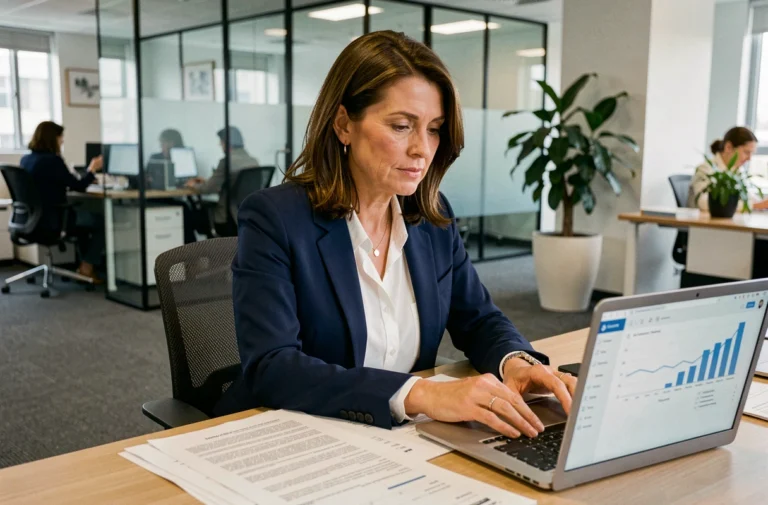 Conseillère juridique de la Banque Postale analysant des documents de recouvrement dans un bureau professionnel