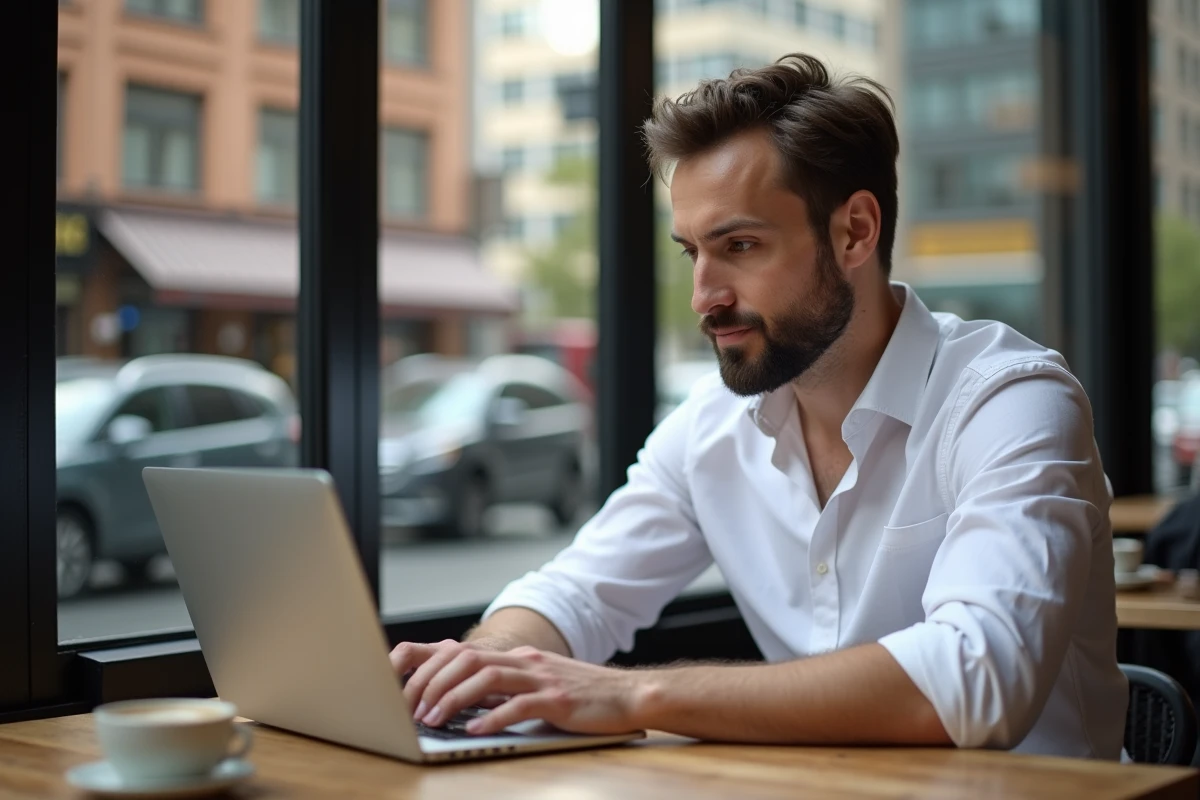 Homme consultant un site web dans un café urbain tendance, symbolisant la découverte des nouvelles adresses et du nouveau nom Datliv en 2026