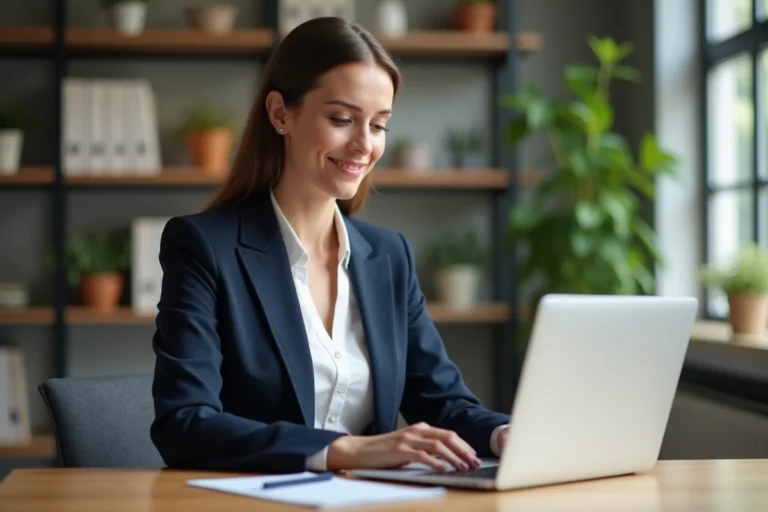 Femme professionnelle rédigeant un email sur ordinateur portable dans un bureau moderne pour contacter Élodie Villemus