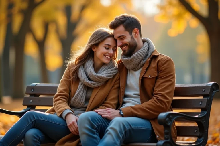 Couple amoureux partageant un moment tendre sur un banc de parc en automne, illustrant la complicité et les termes affectueux dans une relation