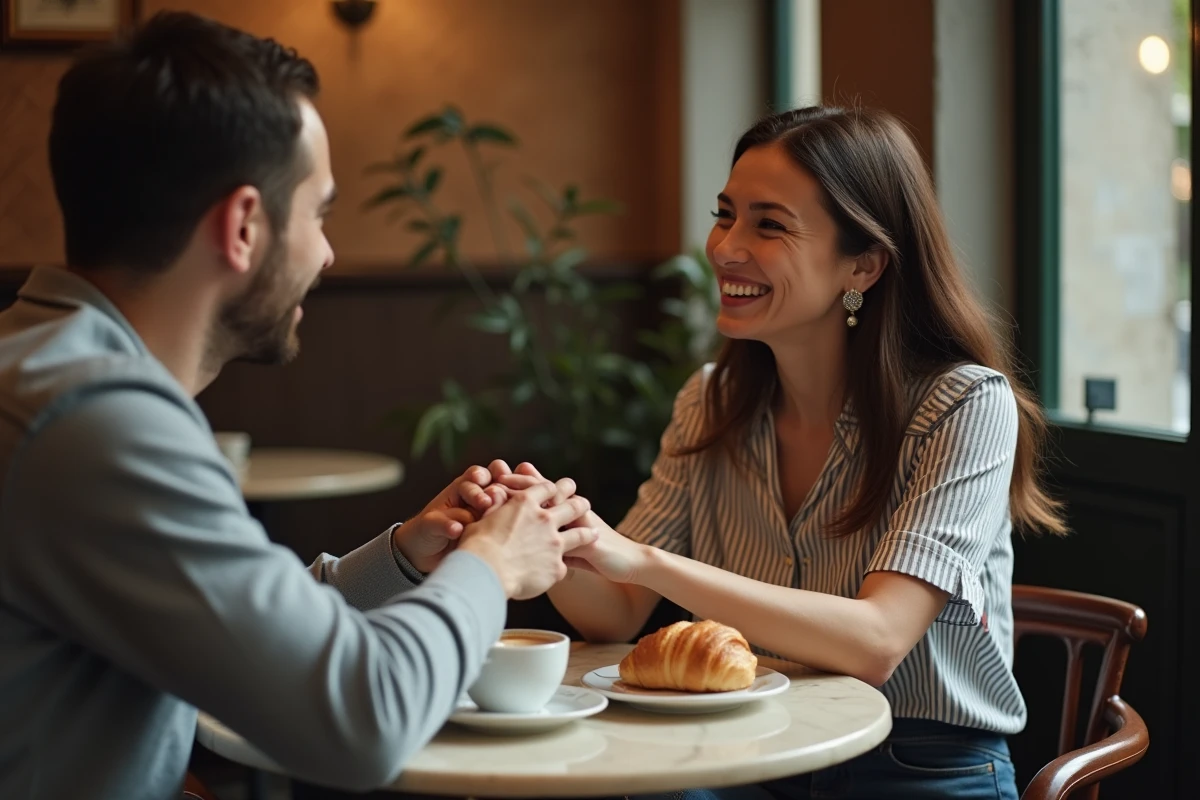 Couple complice dans un café parisien, riant et se tenant la main, évoquant la tendresse et les petits surnoms affectueux entre amoureux