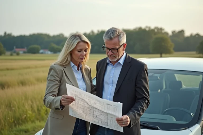 Un couple examine une carte de terrain en extérieur