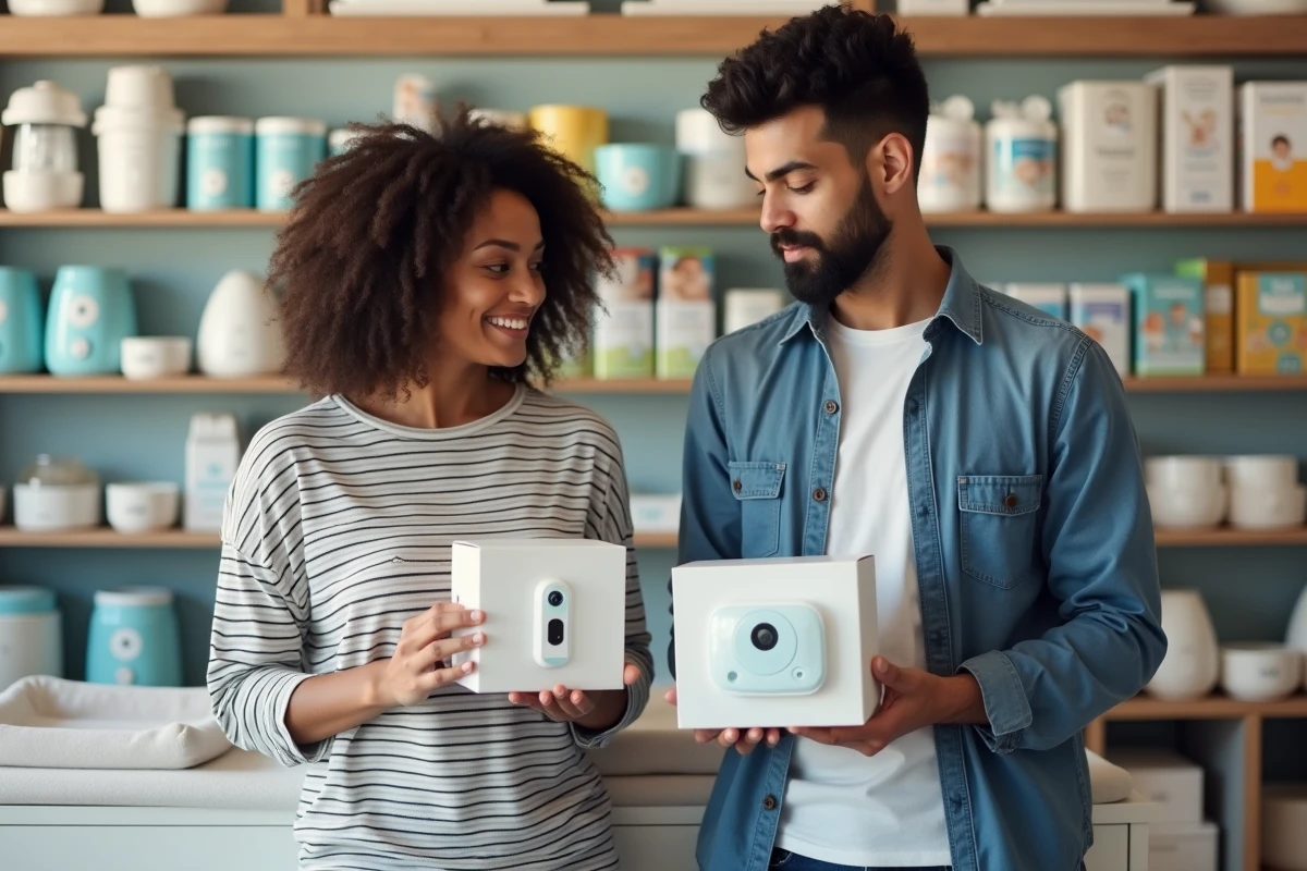 Couple de jeunes parents comparant des écoutes-bébé dans un rayon de puériculture en magasin spécialisé