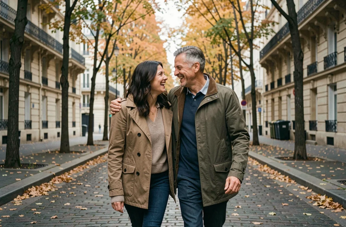 Couple complice se promenant dans une rue parisienne en automne, ambiance romantique et naturelle