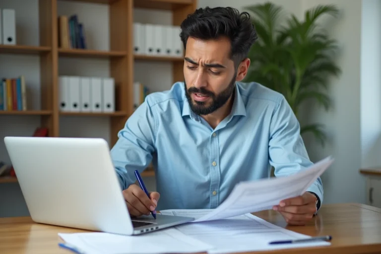 Homme consultant des documents fiscaux sur son bureau avec un ordinateur portable ouvert sur un portail des impôts