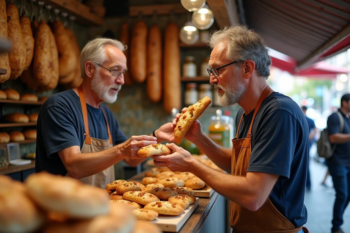 Jeune homme dégustant une focaccia chez un vendeur italien