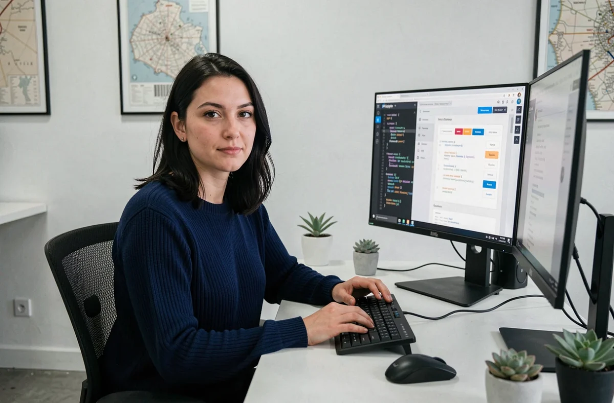 Développeuse web française concentrée sur son travail dans un espace de coworking moderne à Lyon
