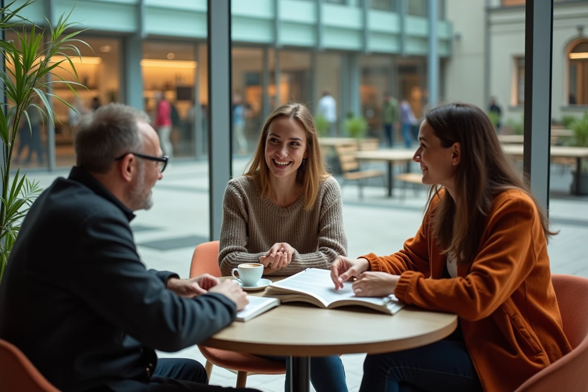 Groupe de personnes discutant autour de revues européennes dans un centre culturel contemporain avec architecture en verre et mobilier scandinave