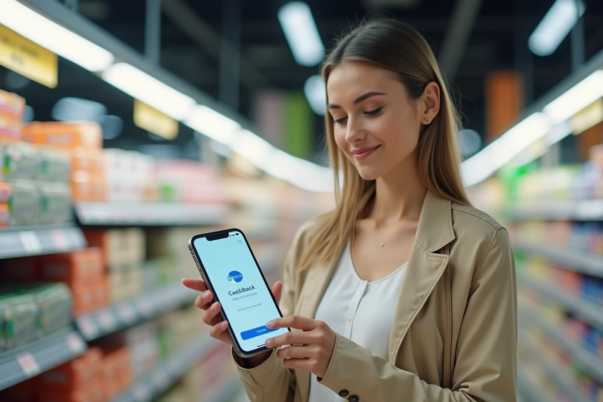 Femme en supermarché consultant son application de cashback eBuyClub avec une confirmation de virement bancaire affiché sur son smartphone