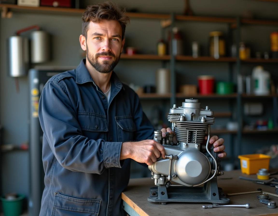 Mécanicien effectuant la maintenance d'un moteur de moto 50cc dans un atelier