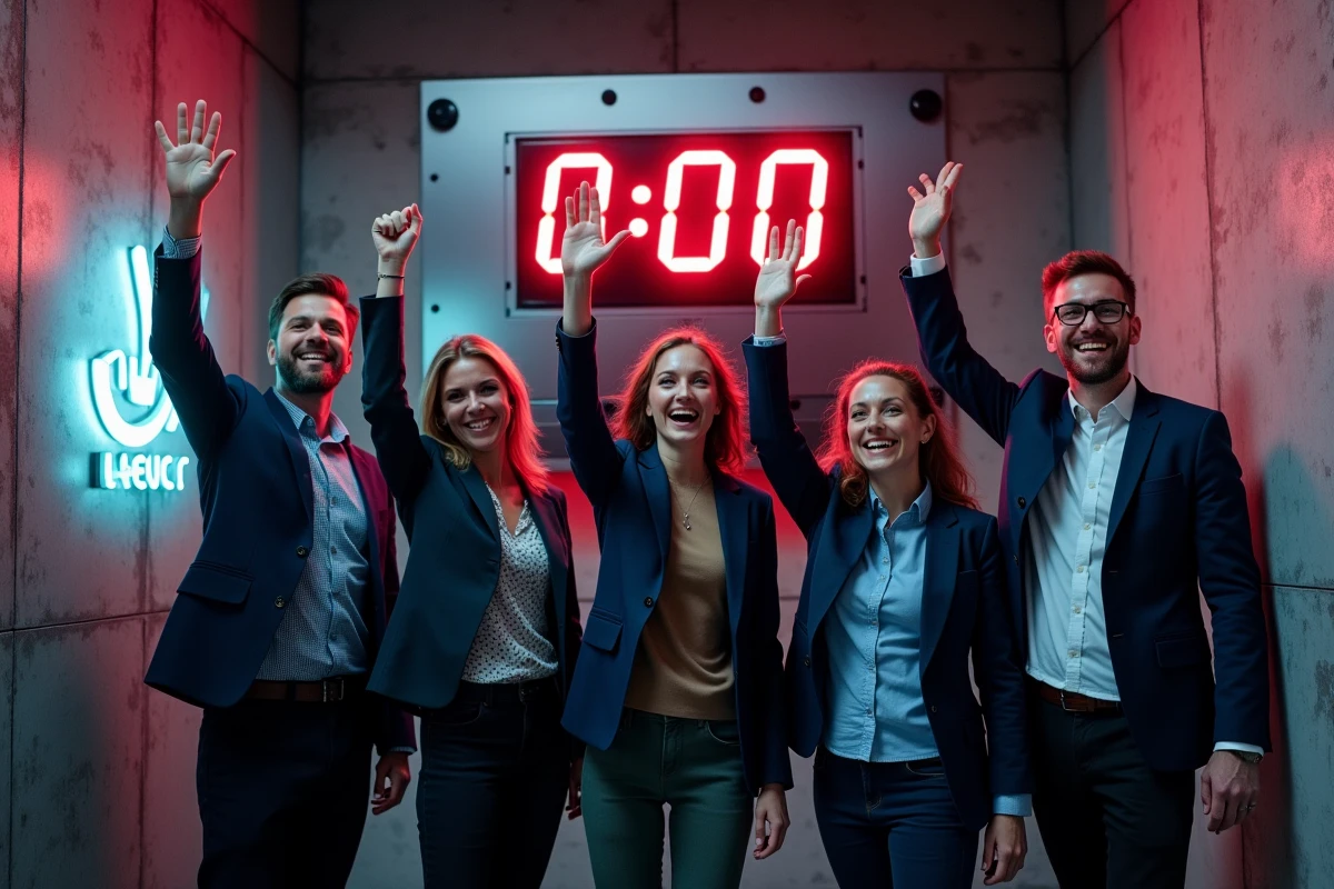 Équipe de collègues célébrant leur victoire à la fin d'un escape game moderne à Toulouse devant un minuteur numérique
