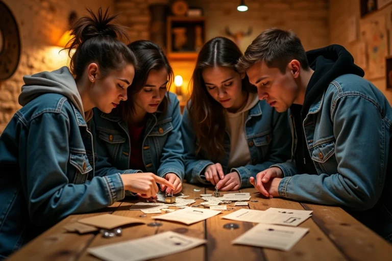 Groupe d'adultes résolvant des énigmes dans un escape game à Toulouse, entourés de cadenas et d'indices sur une table en bois