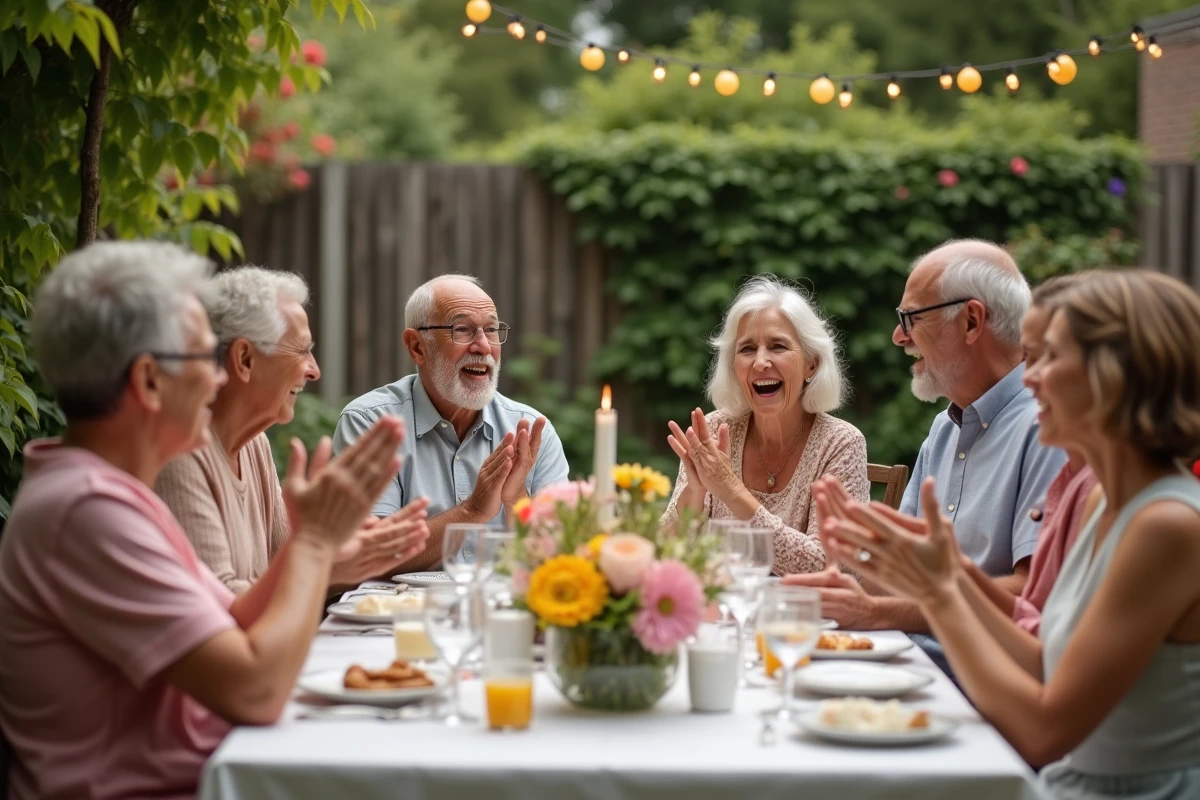 Famille multigenerations chantant dans un jardin