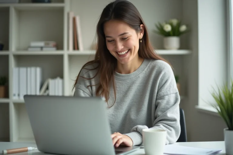 Femme utilisant un site de partage de contenu sur son ordinateur portable dans un bureau moderne et épuré