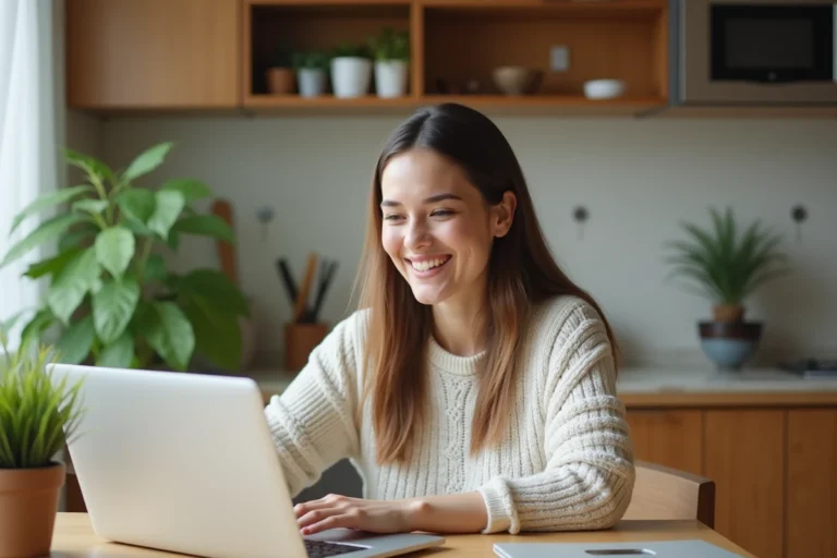 Femme souriante à la cuisine poste une annonce gratuite