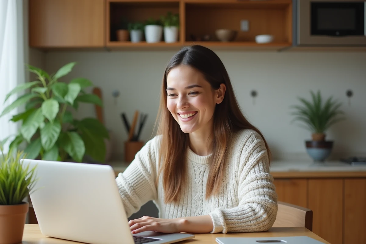 Femme souriante à la cuisine poste une annonce gratuite