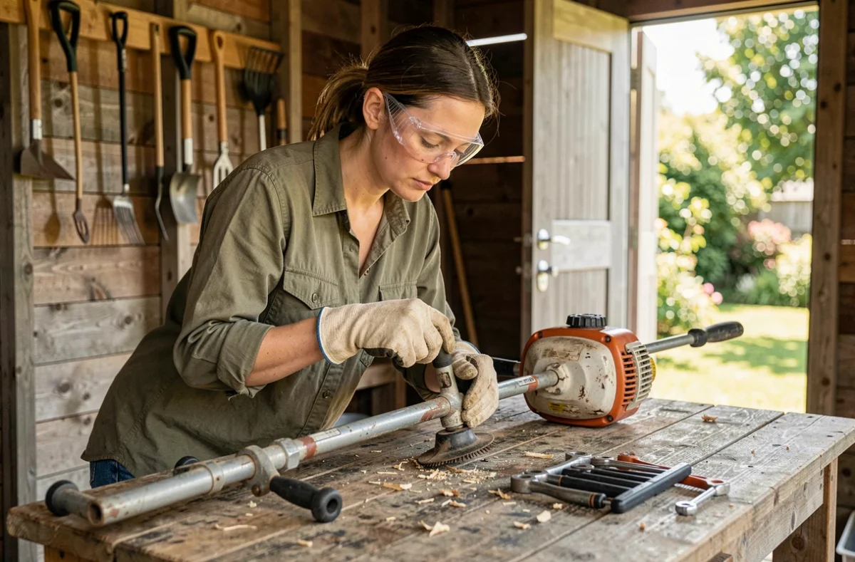 Femme inspectant et entretenant une débroussailleuse à moteur dans un atelier de jardin