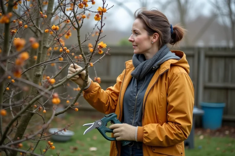 Femme en jardinage prune un mimosa au printemps