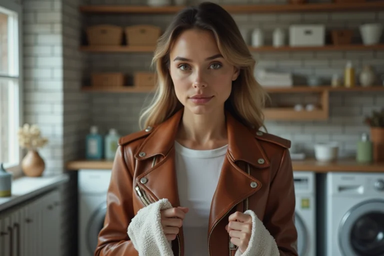Femme en cuir nettoyant l'intérieur de sa veste en cuir