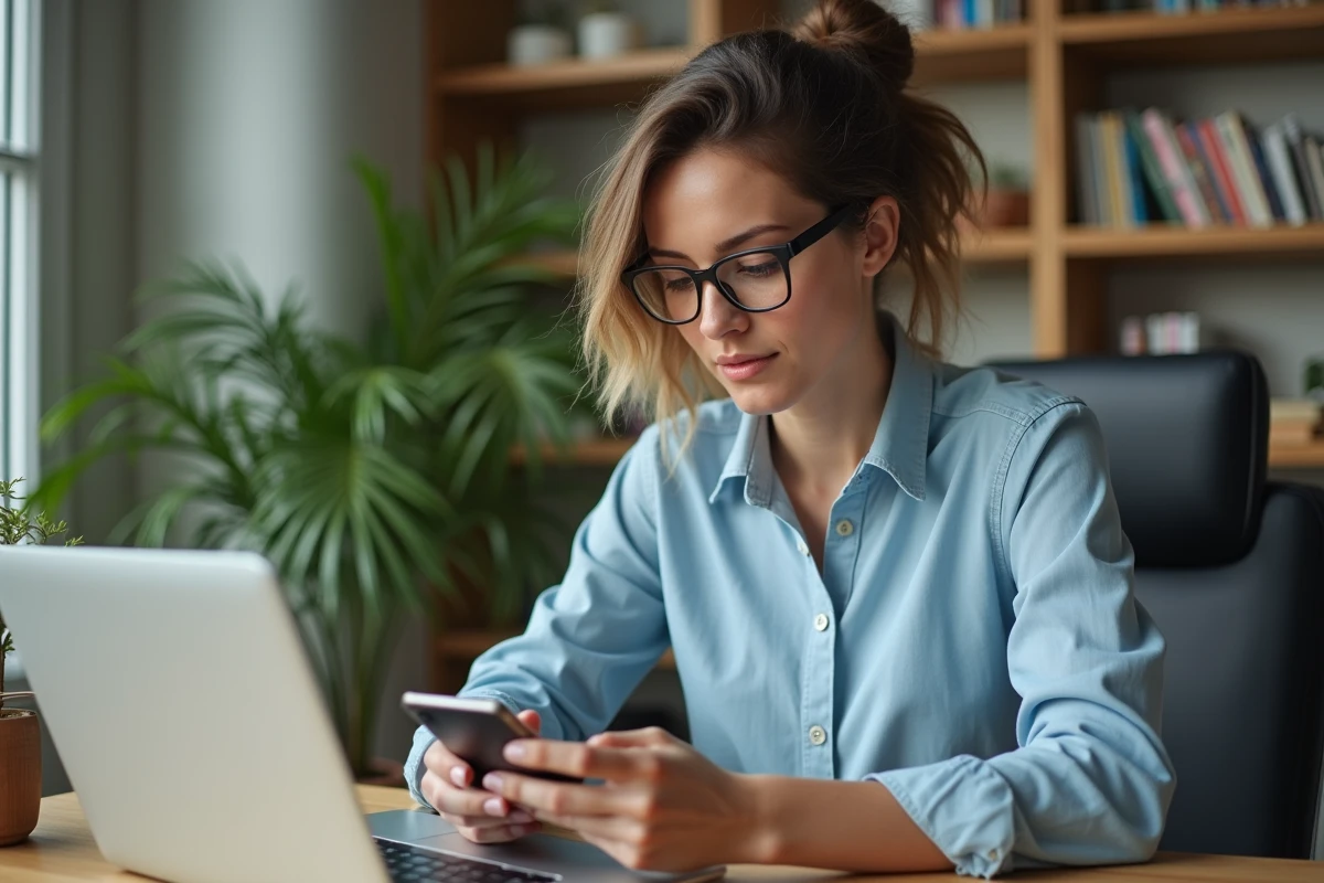 Femme en bureau maison regardant son smartphone