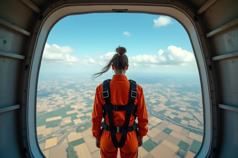Femme en combinaison de parachutisme debout à la porte d'un avion prête à sauter, vue aérienne de champs en dessous