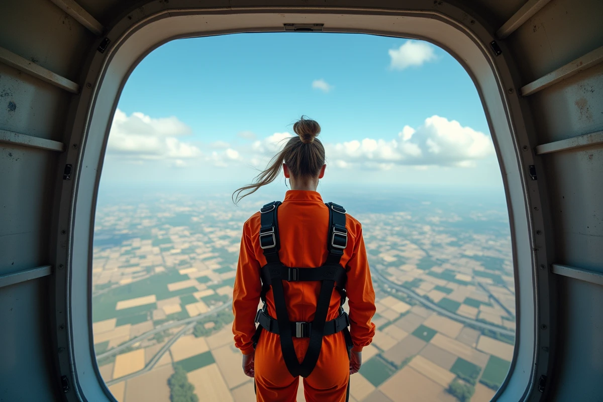 Femme en combinaison de parachutisme debout à la porte d'un avion prête à sauter, vue aérienne de champs en dessous