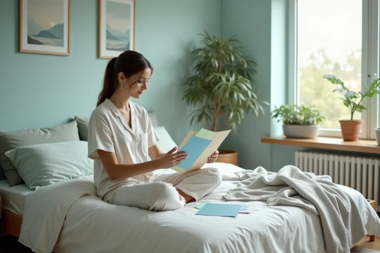 Femme en pyjama choisissant des teintes pastel dans une chambre apaisante