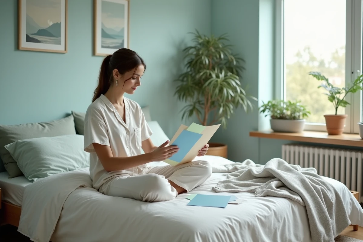 Femme en pyjama choisissant des teintes pastel dans une chambre apaisante
