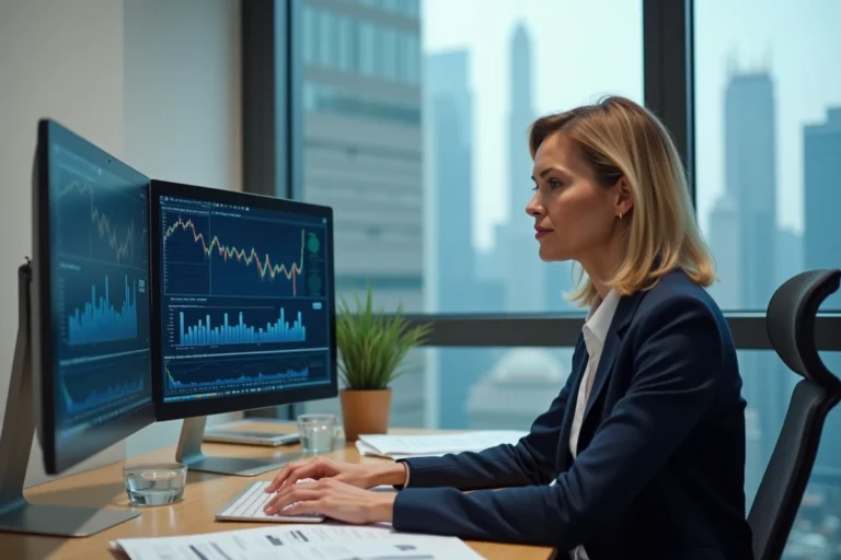 Femme professionnelle en blazer marine analysant des graphiques financiers sur deux écrans dans un bureau moderne avec vue urbaine