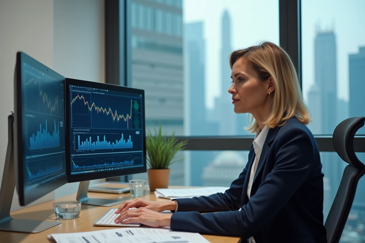 Femme professionnelle en blazer marine analysant des graphiques financiers sur deux écrans dans un bureau moderne avec vue urbaine