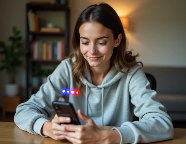 Jeune femme consultant son smartphone avec des icônes de notifications colorées rouge, bleu et violet sur une application de réseau social