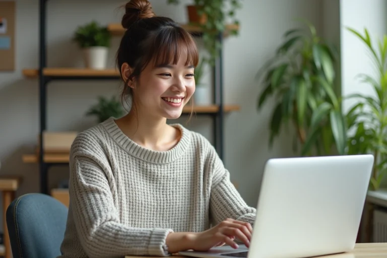 Jeune femme au bureau cherchant des offres d'emploi