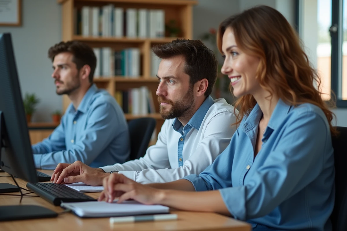 Groupe d adultes en formation dentaire devant un ordinateur